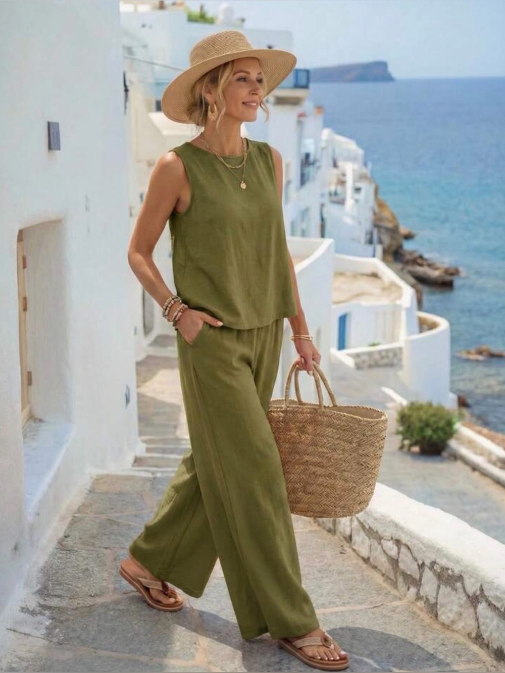 Olive Sleeveless Wide-Leg Jumpsuit Set - Brand: SHEIN